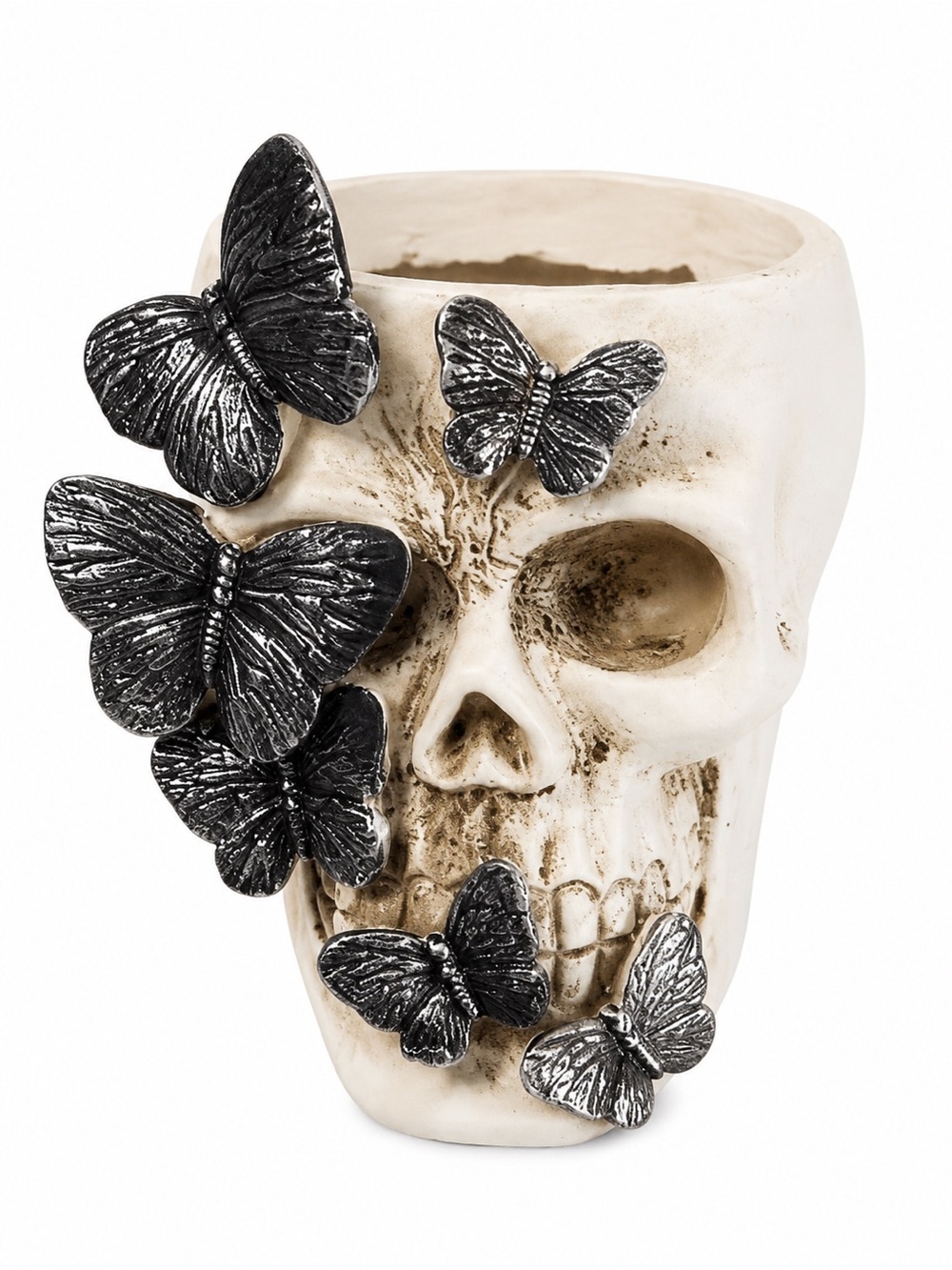 Gothic Skull Planter Metallic Butterflies Flower Pot Decor
